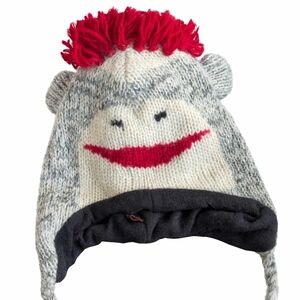 Gray and Red Sock Monkey Knit Hat Adult Size